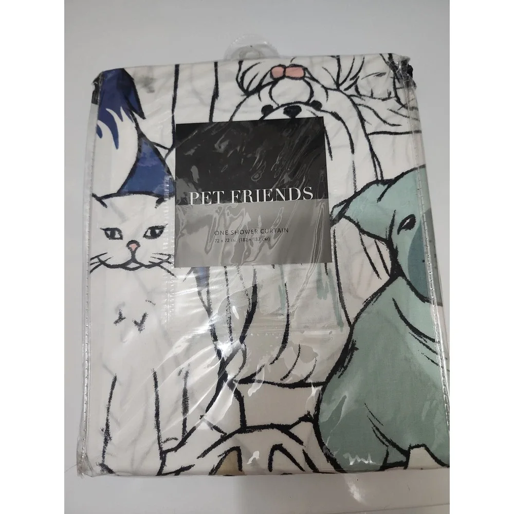 Pet Friends Dog and Cat Cotton Shower Curtain 72x72 Multi Color Animal Print